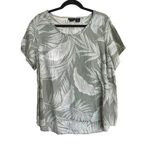 Tahari T-Shirt 100% Linen Flax Short Sleeve Tee Sage Green Palm Plus Size 1X